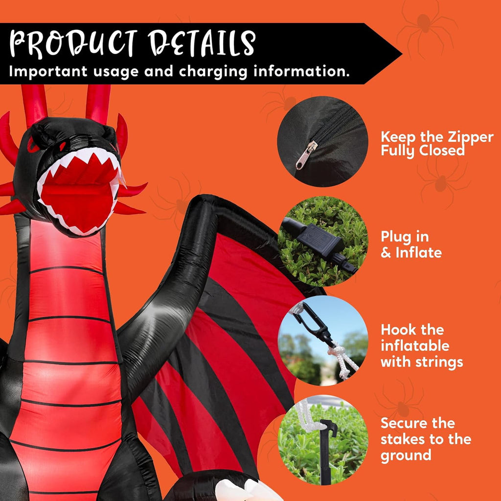 8 ft Halloween Inflatable Fire Dragon with Pumpkin,Animated Moving Mouth & Internal LED Lights,Blow Up Yard Decor Outdoor Lawn Garden Indoor Porch Patio Spooky Halloween Decoration