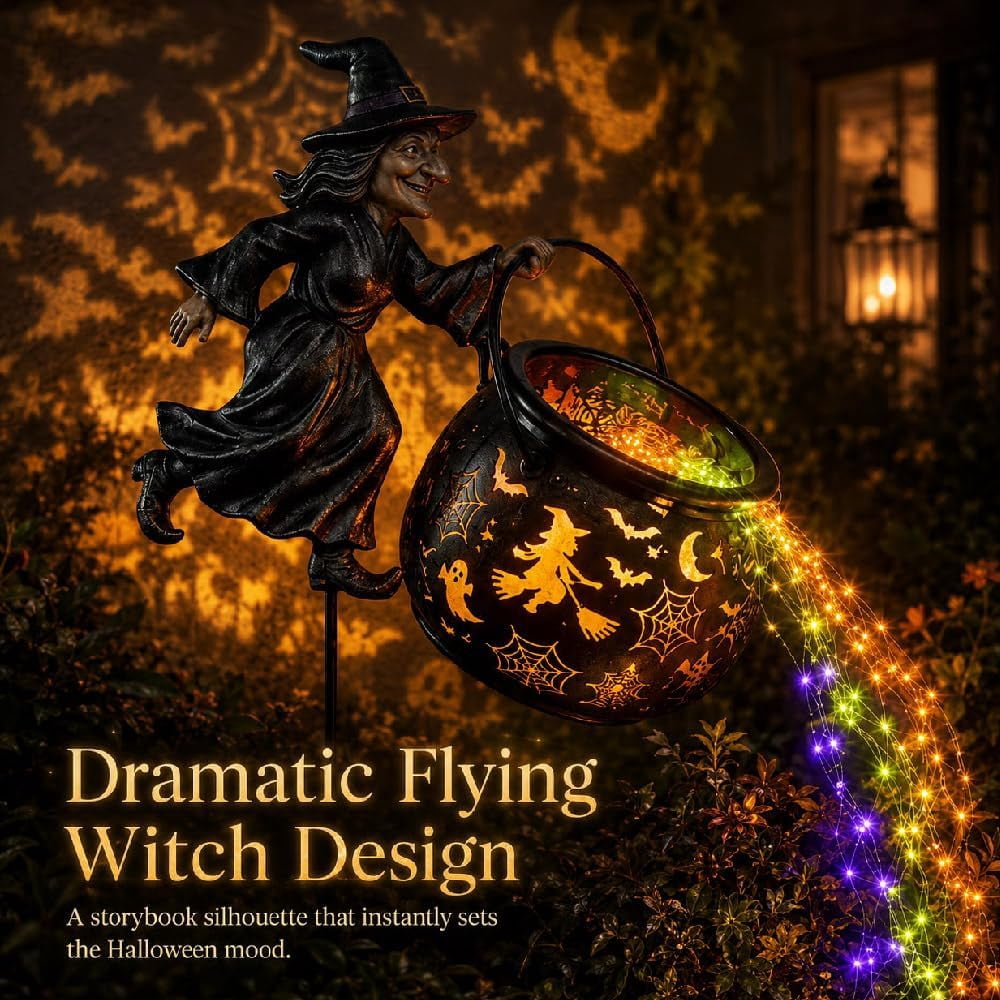 Halloween Witch Cauldron Garden Light, Waterfall-Style Enchanted Witch Cauldron Garden Decoration, Halloween LED Projector Lights Decorations Outdoor with Stake for Yard Lawn Porch Party