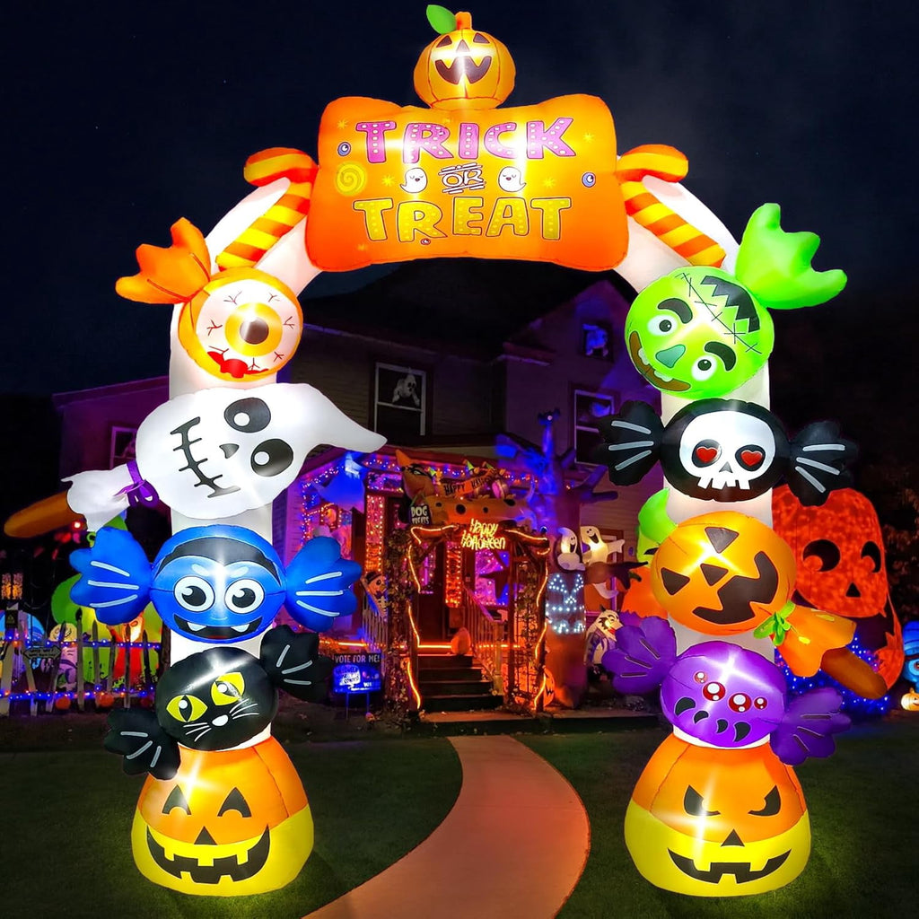 10FT Inflatable Candy Ghost Pumpkin Archway with Built-in Lights  Giant Outdoor Yard & Garden Decoration for Halloween, Indoor/Outdoor Use