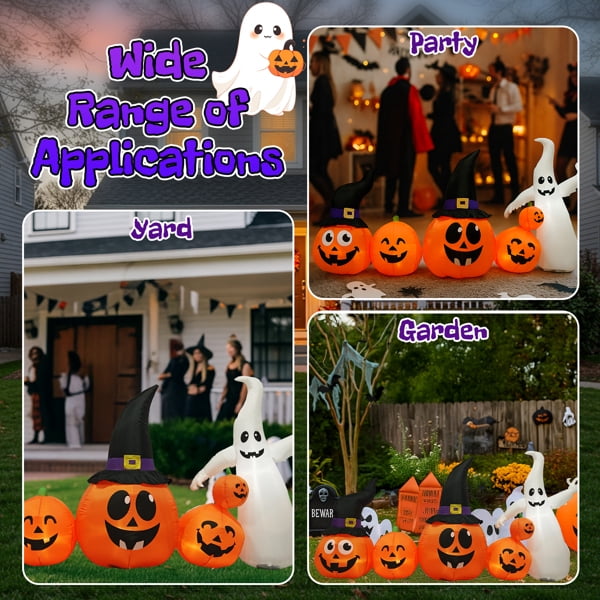 8FT Halloween Inflatable Pumpkin Ghost Scene, 5 Total LEDs, Waterproof Polyester, Quick Inflation with Stakes/Ropes for Yard/Garden/Indoor