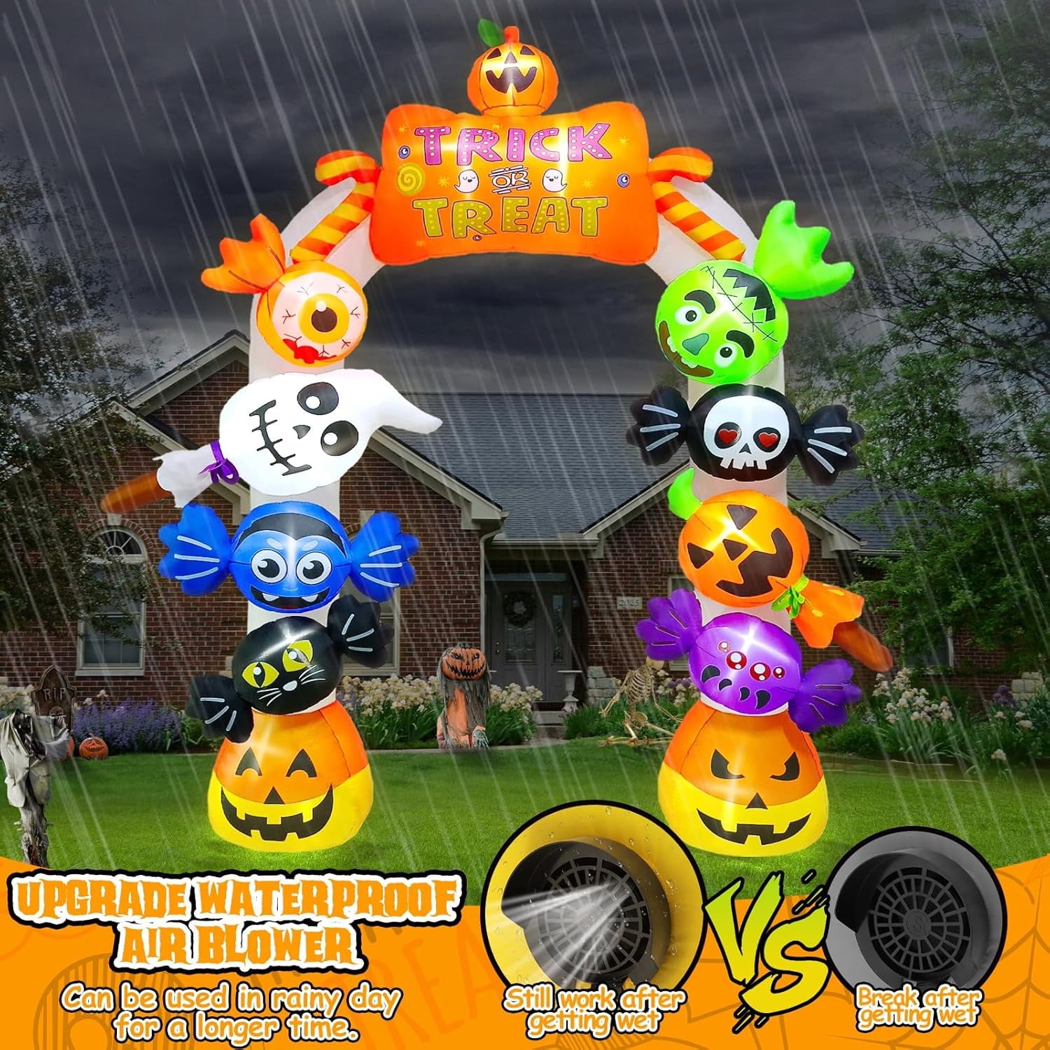 10FT Inflatable Candy Ghost Pumpkin Archway with Built-in Lights  Giant Outdoor Yard & Garden Decoration for Halloween, Indoor/Outdoor Use