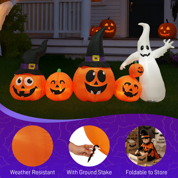 8FT Halloween Inflatable Pumpkin Ghost Scene, 5 Total LEDs, Waterproof Polyester, Quick Inflation with Stakes/Ropes for Yard/Garden/Indoor
