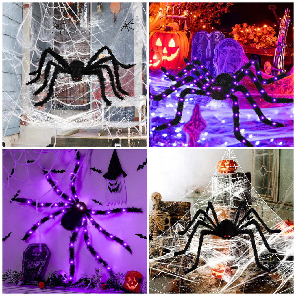 Spider Webs Halloween Decorations Outdoor, 50" Light Up Giant Spider + 276" Triangular Spider Webs, Yard Outdoor Halloween Decor