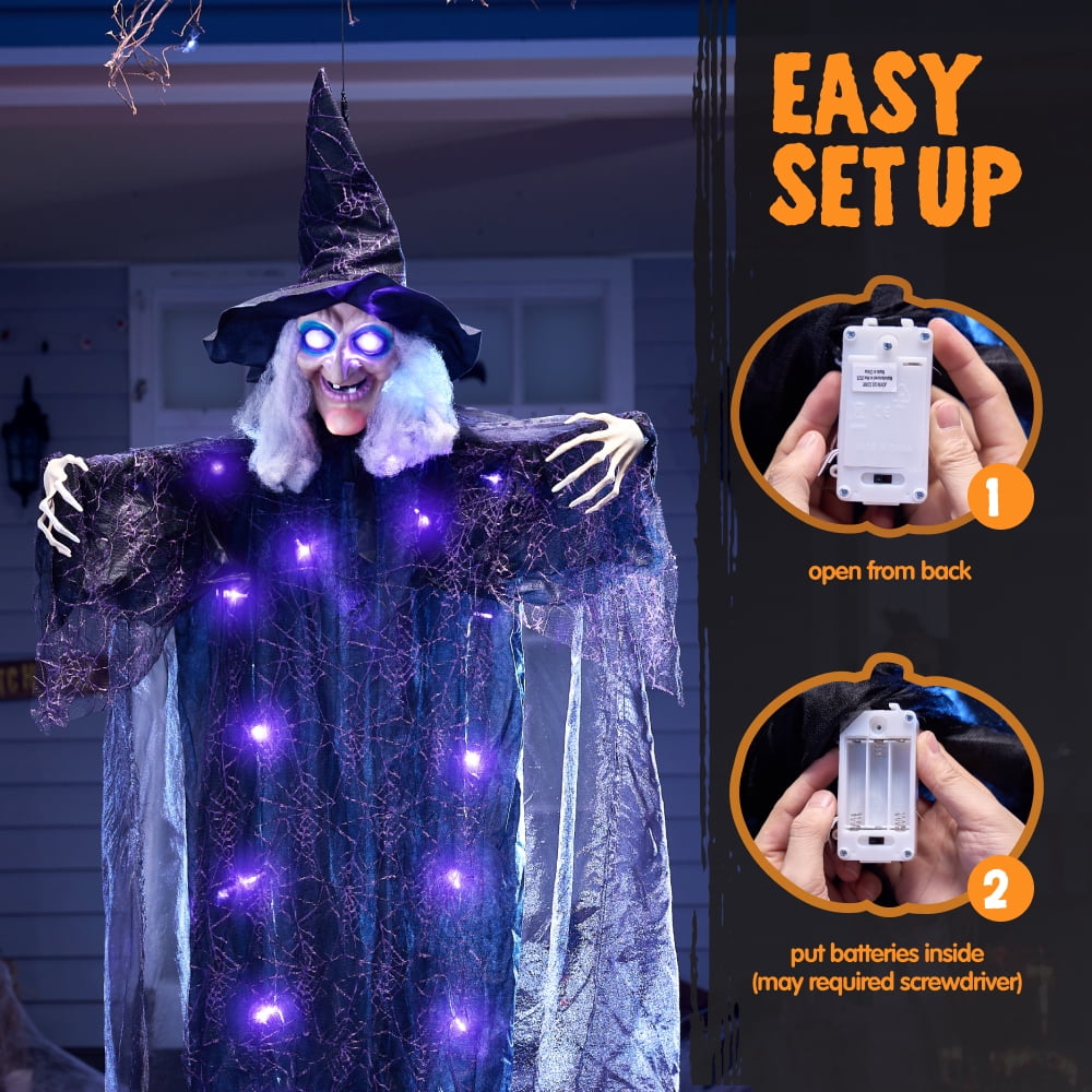6ft Halloween Witch Decoration,Outdoor Scary Halloween Animatronic Hanging Witch with Light Up Eyes and Sound Decoration for Halloween Outdoor