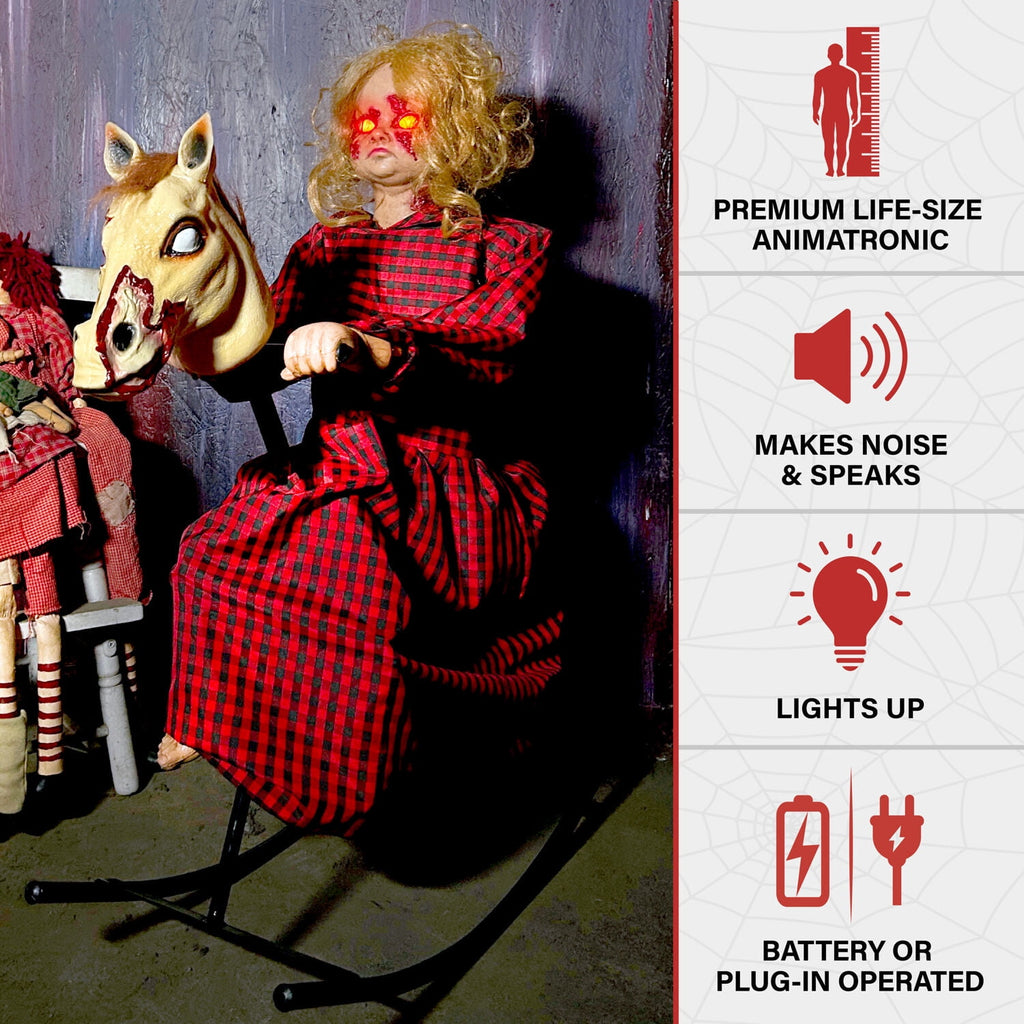 3.2 ft Voice & Sound-Sensor Rocking Horse Girl Halloween Animatronic, HHRCKHRSGRL-1FLSA