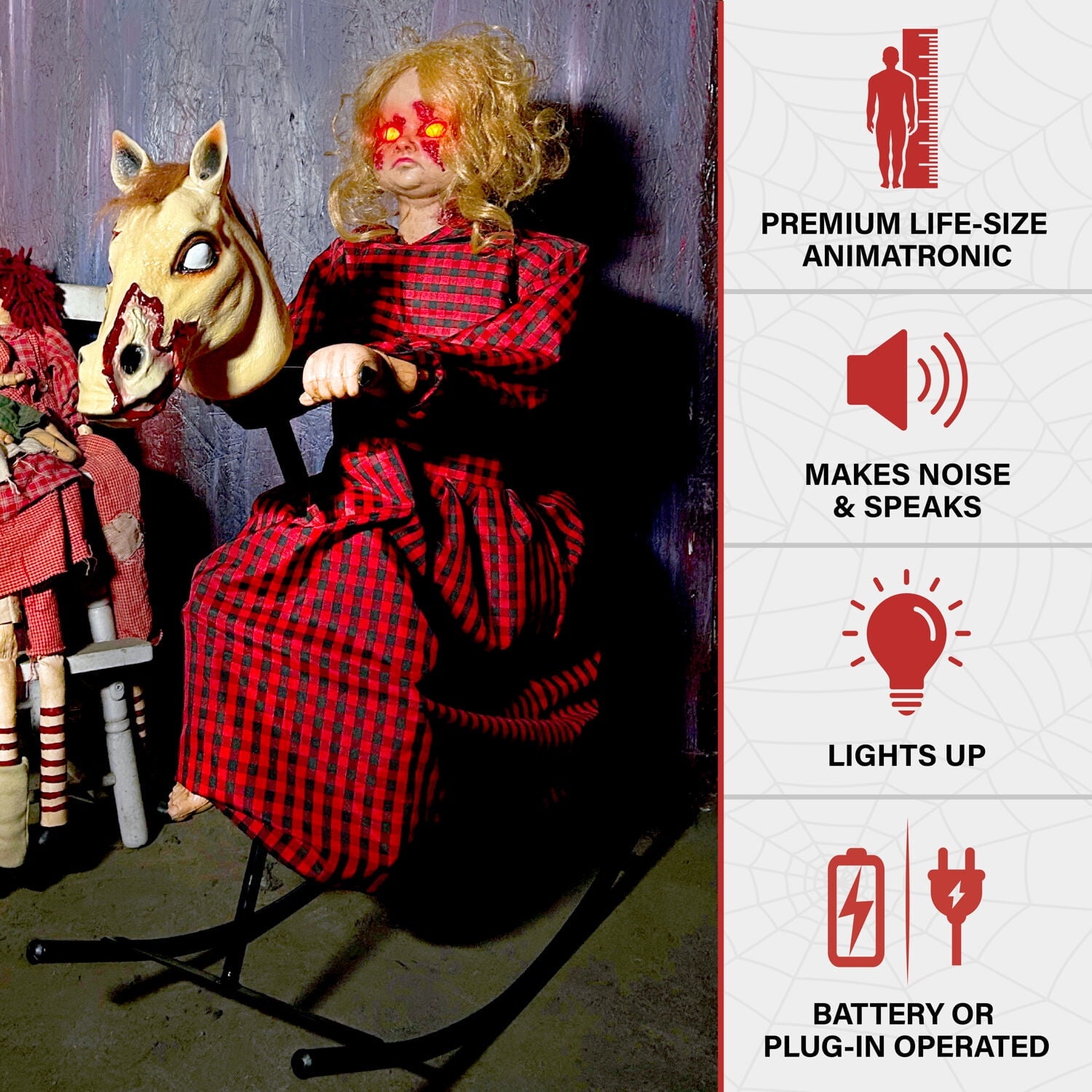 3.2 ft Voice & Sound-Sensor Rocking Horse Girl Halloween Animatronic, HHRCKHRSGRL-1FLSA