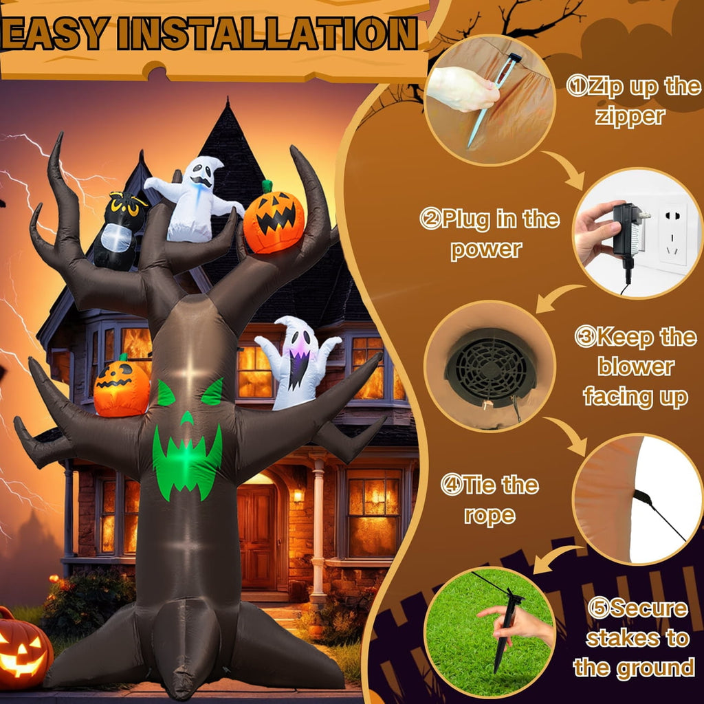 Coolmade 9ft Halloween Inflatable Tree Decoration with pumpkin, Ghost, Owl, Blow up Yard Inflatables with Built-in LEDs for Garden Lawn Indoor Party Decor