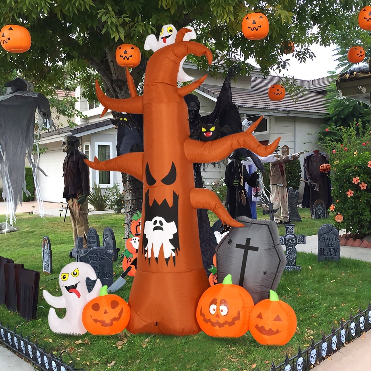 Coolmade 8 ft Halloween Inflatable Outdoor Dead Tree with Ghosts Pumpkins Tombstone Bat, Halloween Blow Up Yard Decorations Clearance with Build-in LED Lights for Holiday Party Lawn Yard Garden
