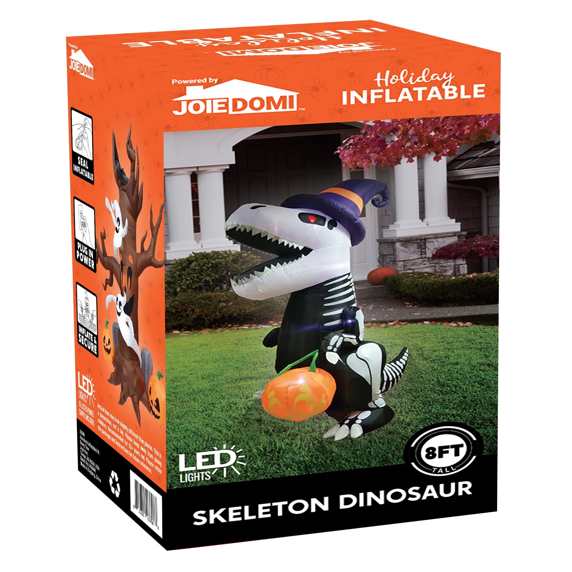 8 FT Halloween Inflatable Skeleton Dinosaur with Build-in LEDs Pumpkin Decorations,Halloween Outdoor Decorations Blow up Yard Decorations