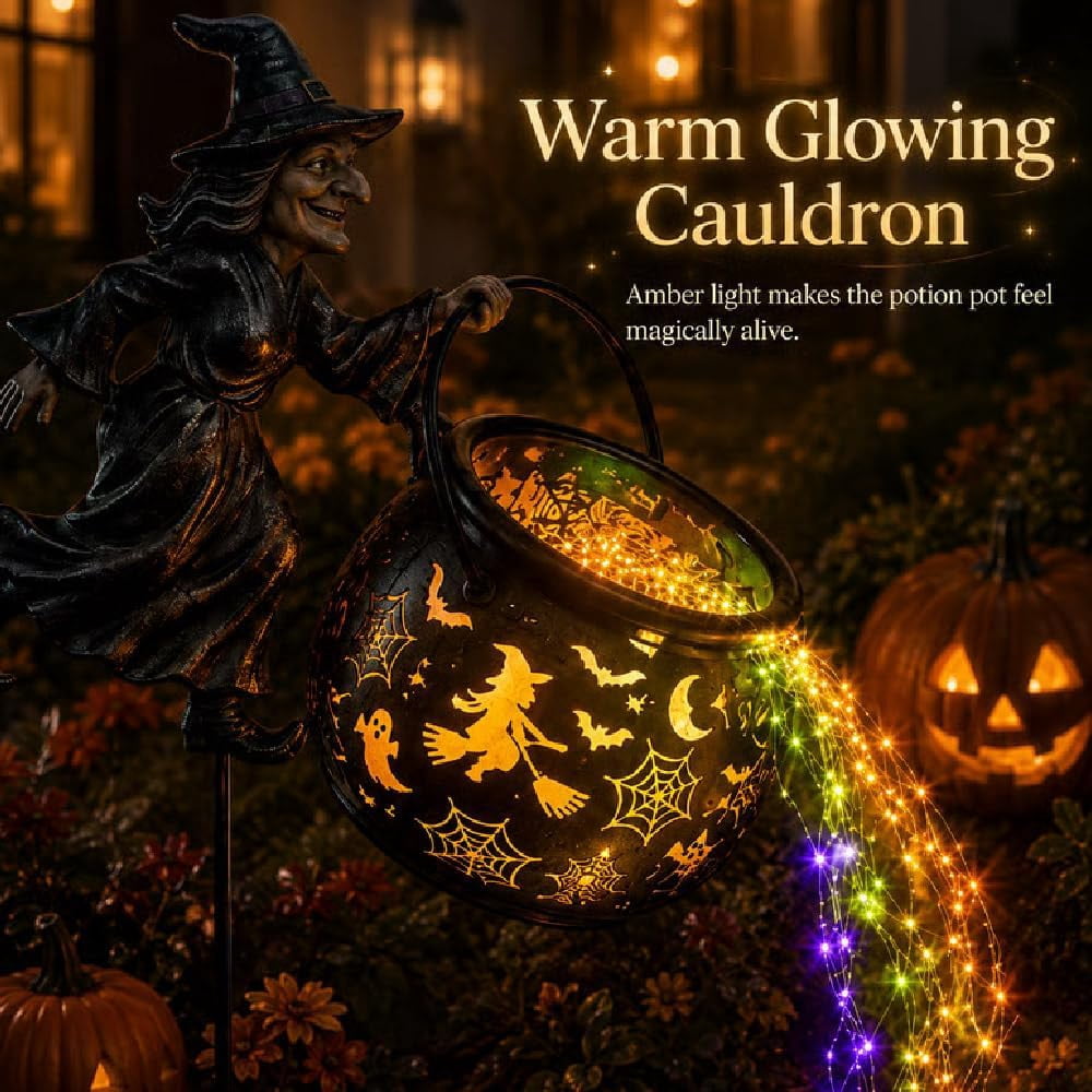Halloween Witch Cauldron Garden Light, Waterfall-Style Enchanted Witch Cauldron Garden Decoration, Halloween LED Projector Lights Decorations Outdoor with Stake for Yard Lawn Porch Party