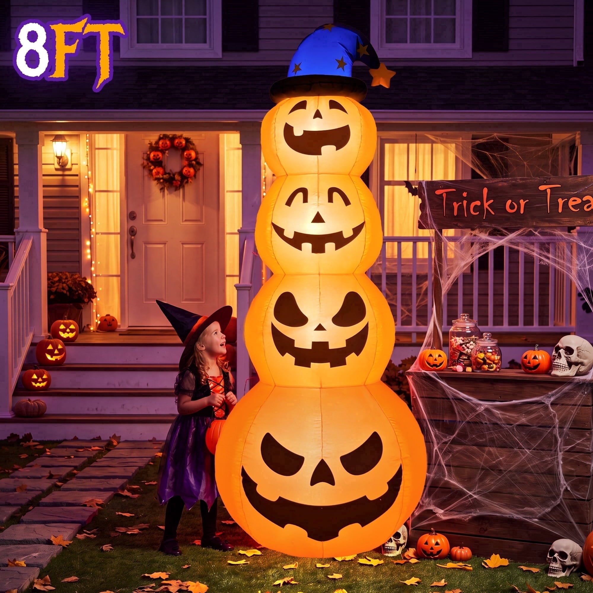 8 ft Halloween Pumpkin Stack Inflatable Decoration with Witch Hat, Lighted Blow up Yard Decor for Outdoor Lawn Garden