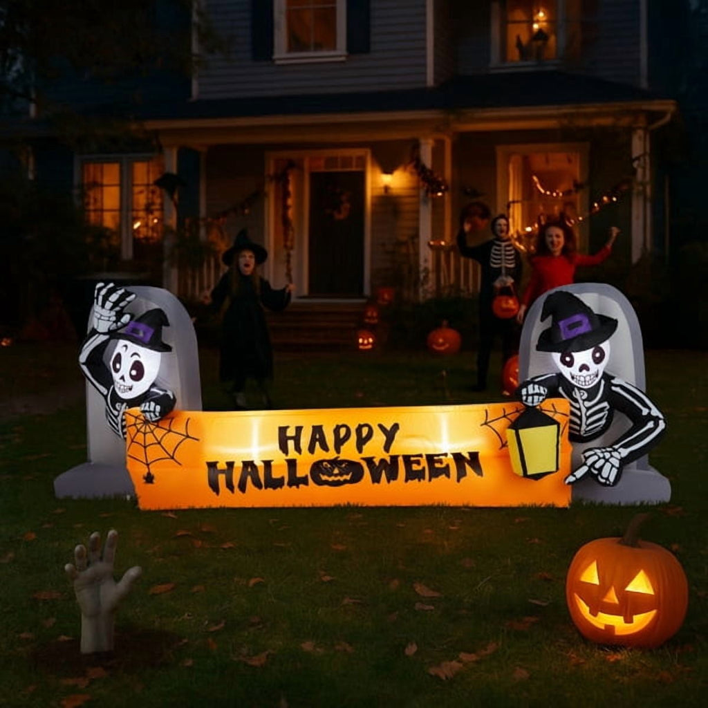 9.6FT Halloween Inflatable Skeleton Tombstone Banner, Built-in 4 White LED Lights, Quick Inflation for Yard/Patio/Party