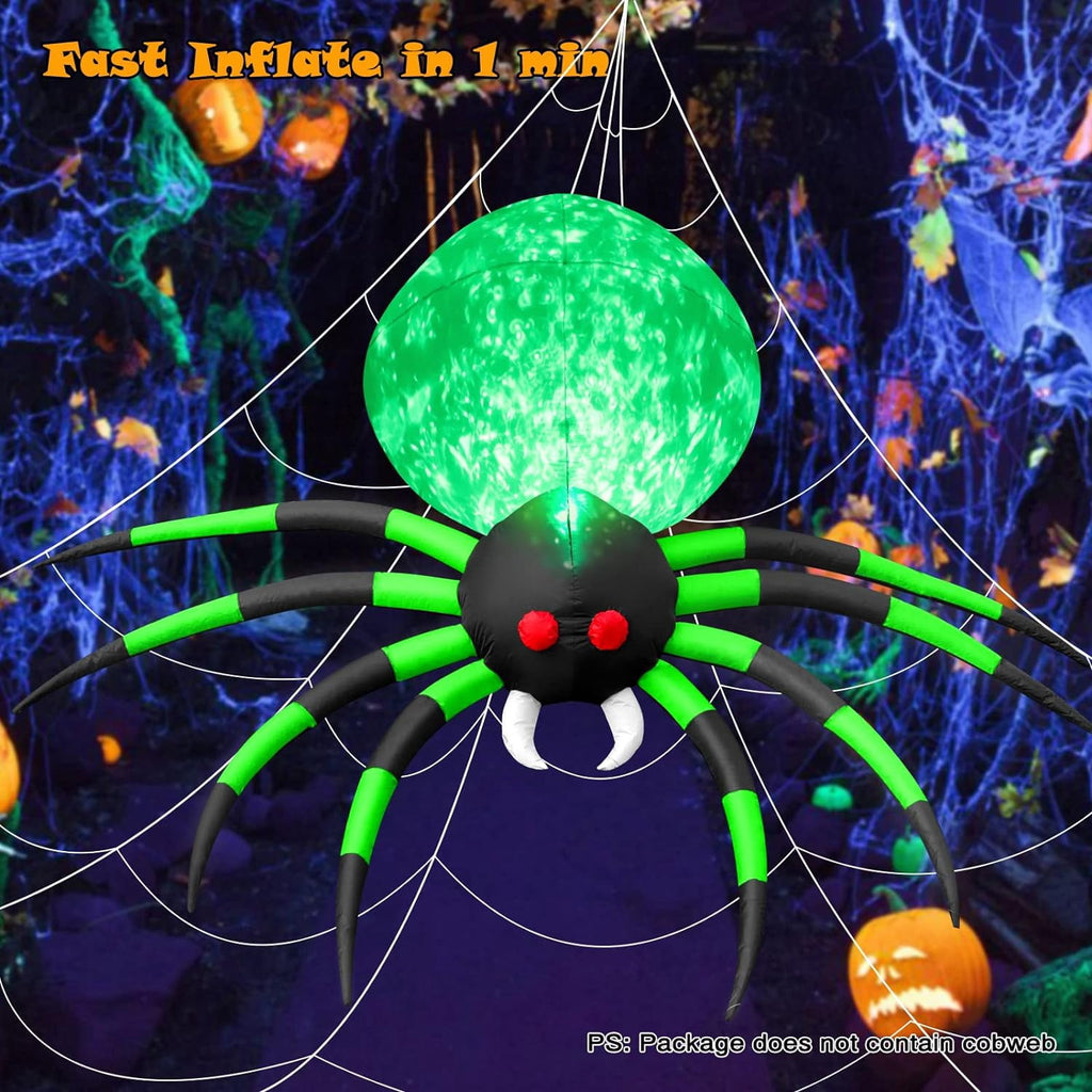 8FT Halloween Spider Inflatables Outdoor Decorations for Yard, Giant Green Spider with Blow up Rotating Fire Flame, Large Spooky Spider Props for Halloween Party Garden Lawn House Holiday Room Decor
