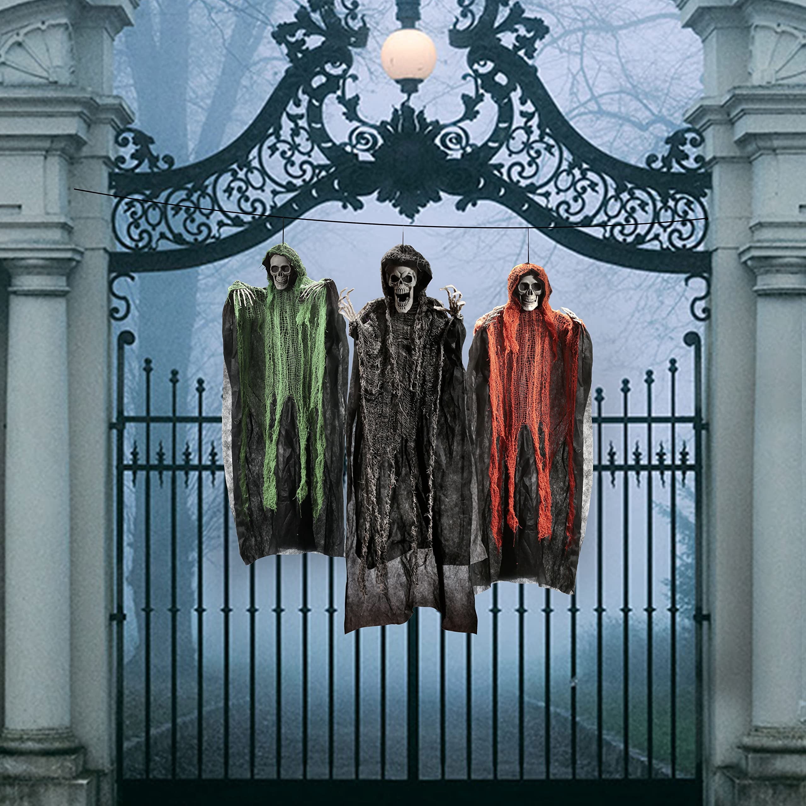 3 Pack Halloween Hanging Ghosts,Scary Skeleton Ghosts Grim Reapers Decorations for Halloween Indoor Outdoor Yard Home Decorations