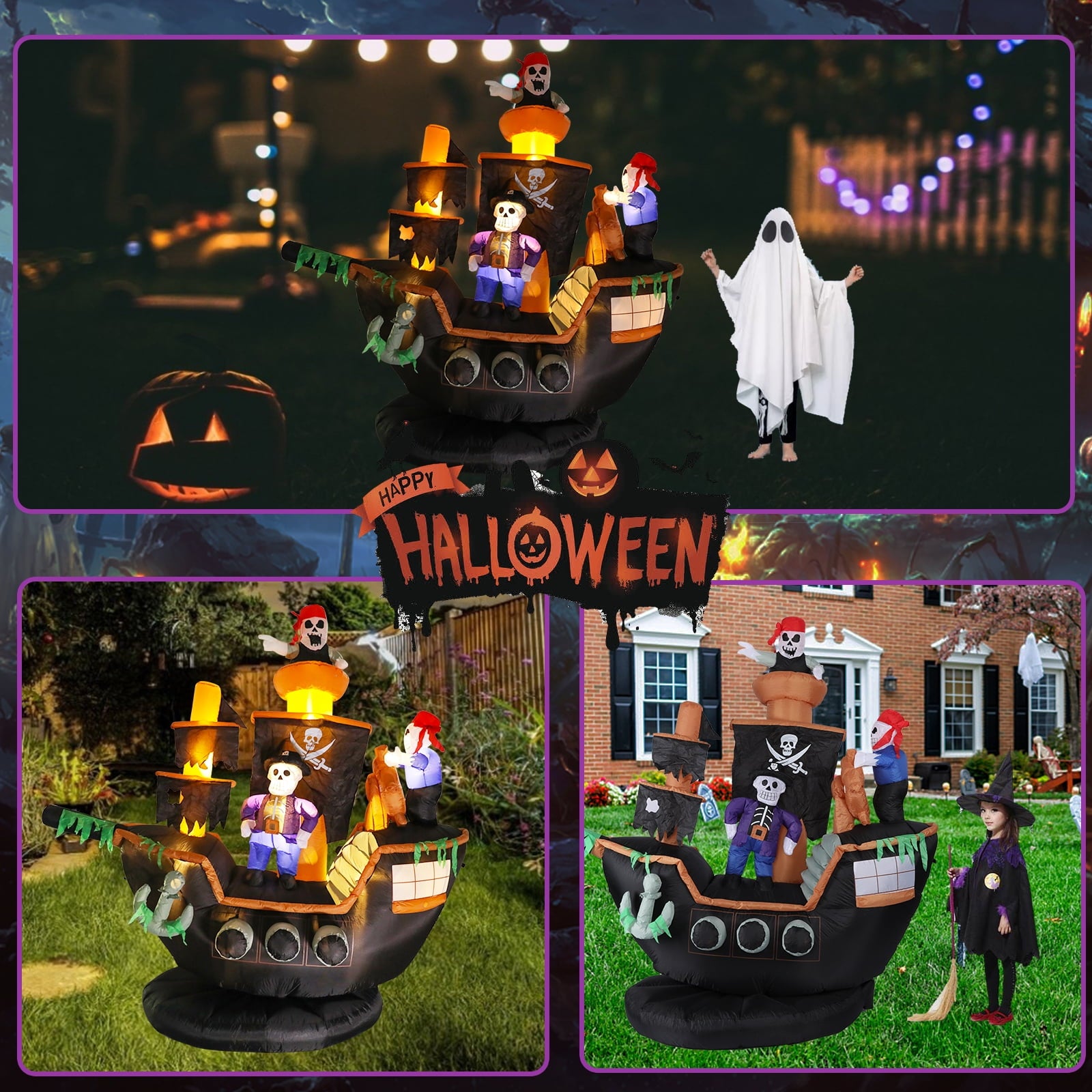 7 FT Halloween Inflatable Skeletons Ghosts on Pirate Ship Lights Decor Outdoor Indoor Holiday Decorations, Blow up Lighted Yard Decor, Giant Lawn Inflatables Home Family Outside Decor