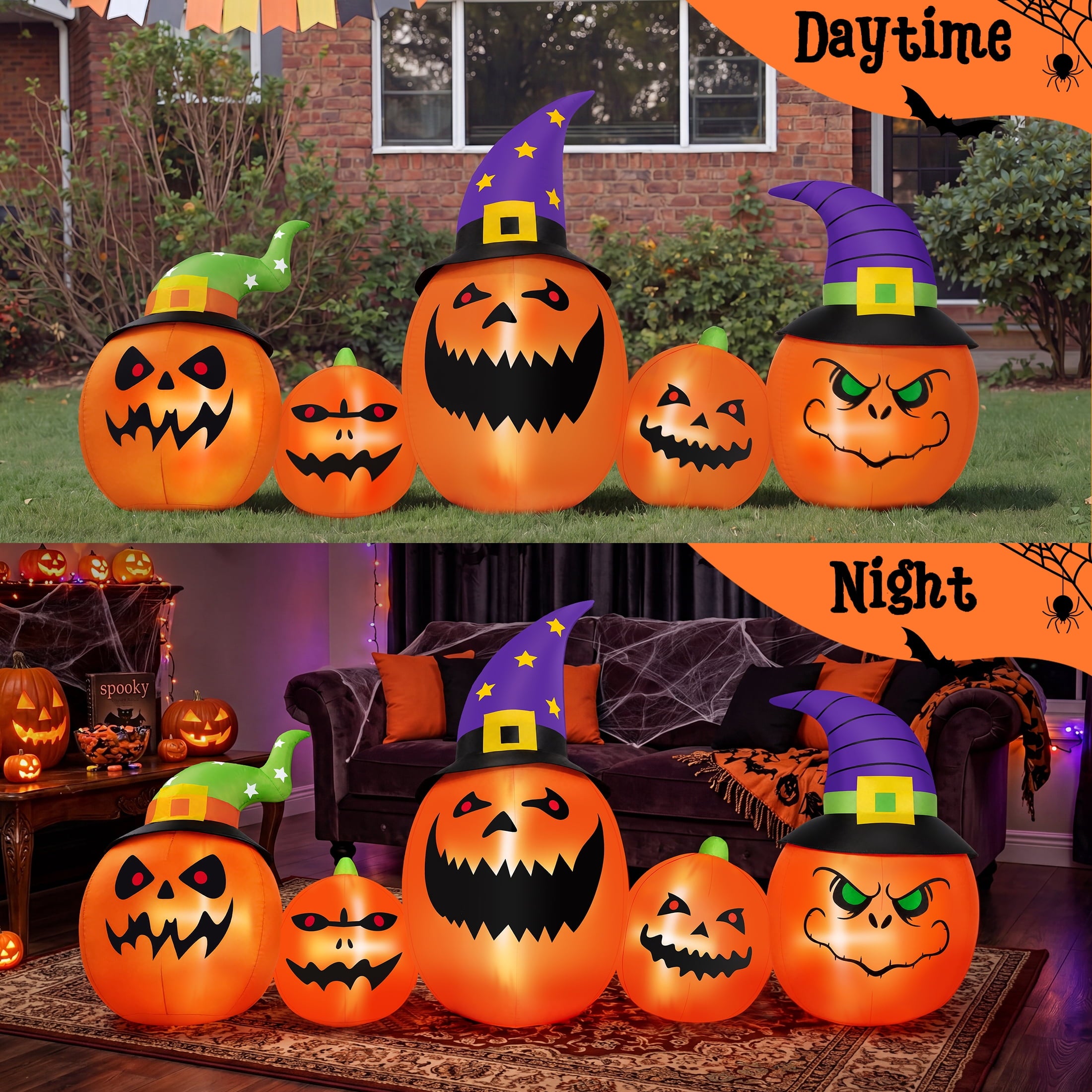 8FT Halloween Inflatable Pumpkins Blow ups Outdoor Decorations, Five Pumpkins with LED Lights for Party Yard