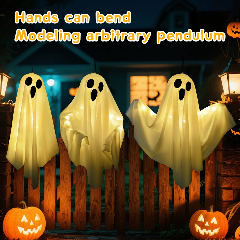 3 pack Hanging Ghosts Halloween Decor, 20 inch LED Glowing Ghost Halloween Decorations Outdoor Lights for Yard Porch Tree Garden Patio Bedroom Wall Party, Warm White