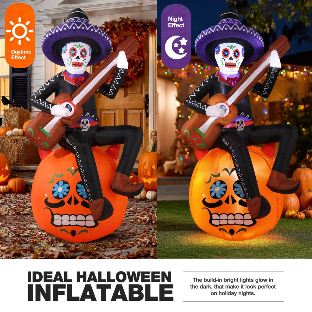 6FT Halloween Inflatable Outdoor Decoration, Day of the Dead Skull with Guitar, Blow Up Yard Decor