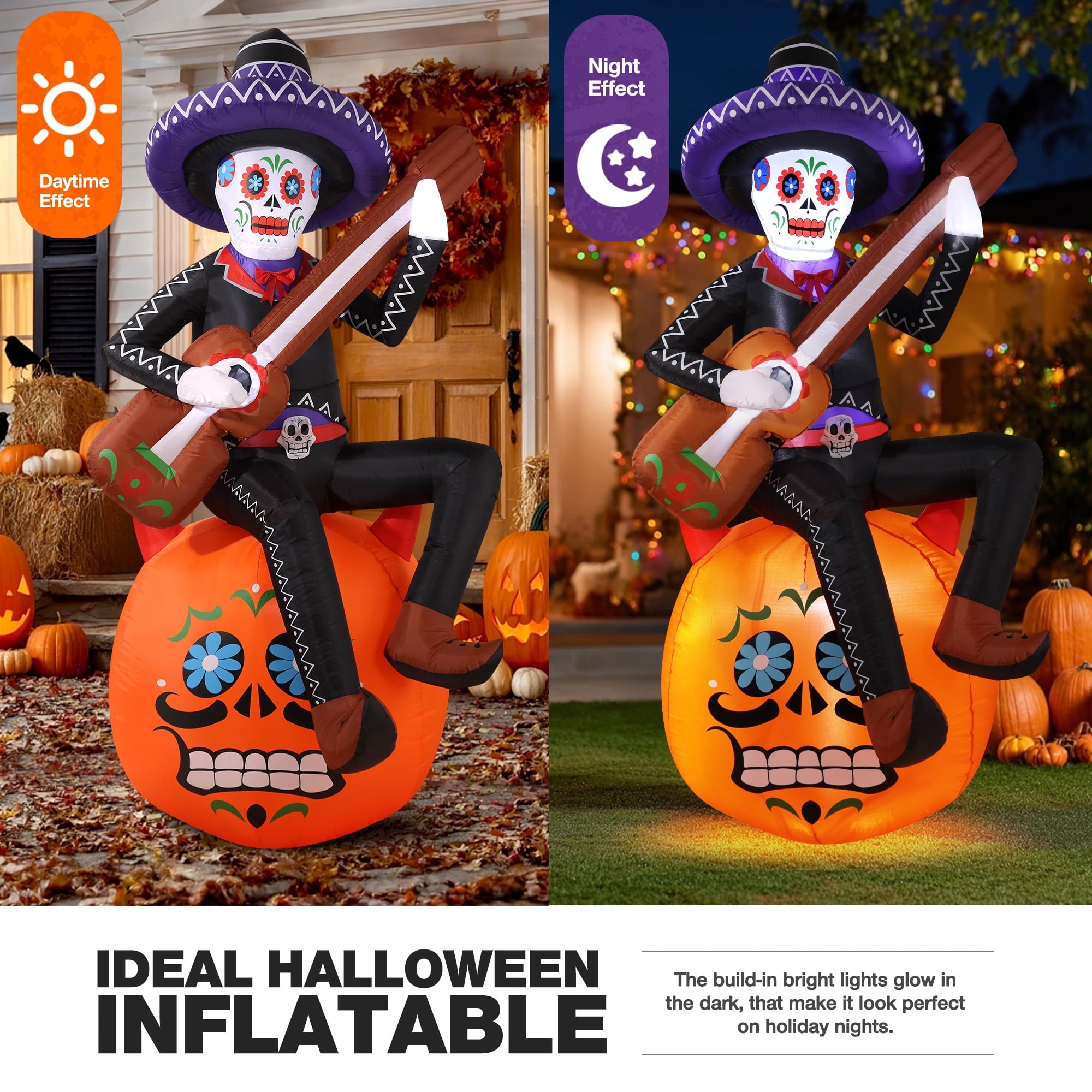 6FT Halloween Inflatable Outdoor Decoration, Day of the Dead Skull with Guitar, Blow Up Yard Decor