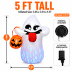 5FT Halloween Inflatable Ghost Holding Pumpkin Lantern, Light-Up Blow Up Outdoor Yard Decoration with RGB LED Lights