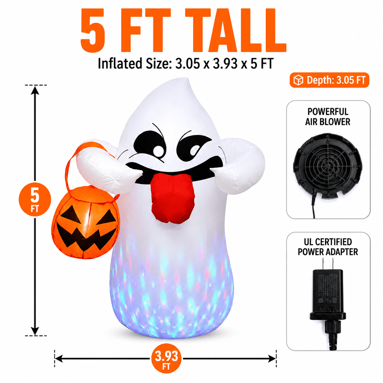 5FT Halloween Inflatable Ghost Holding Pumpkin Lantern, Light-Up Blow Up Outdoor Yard Decoration with RGB LED Lights