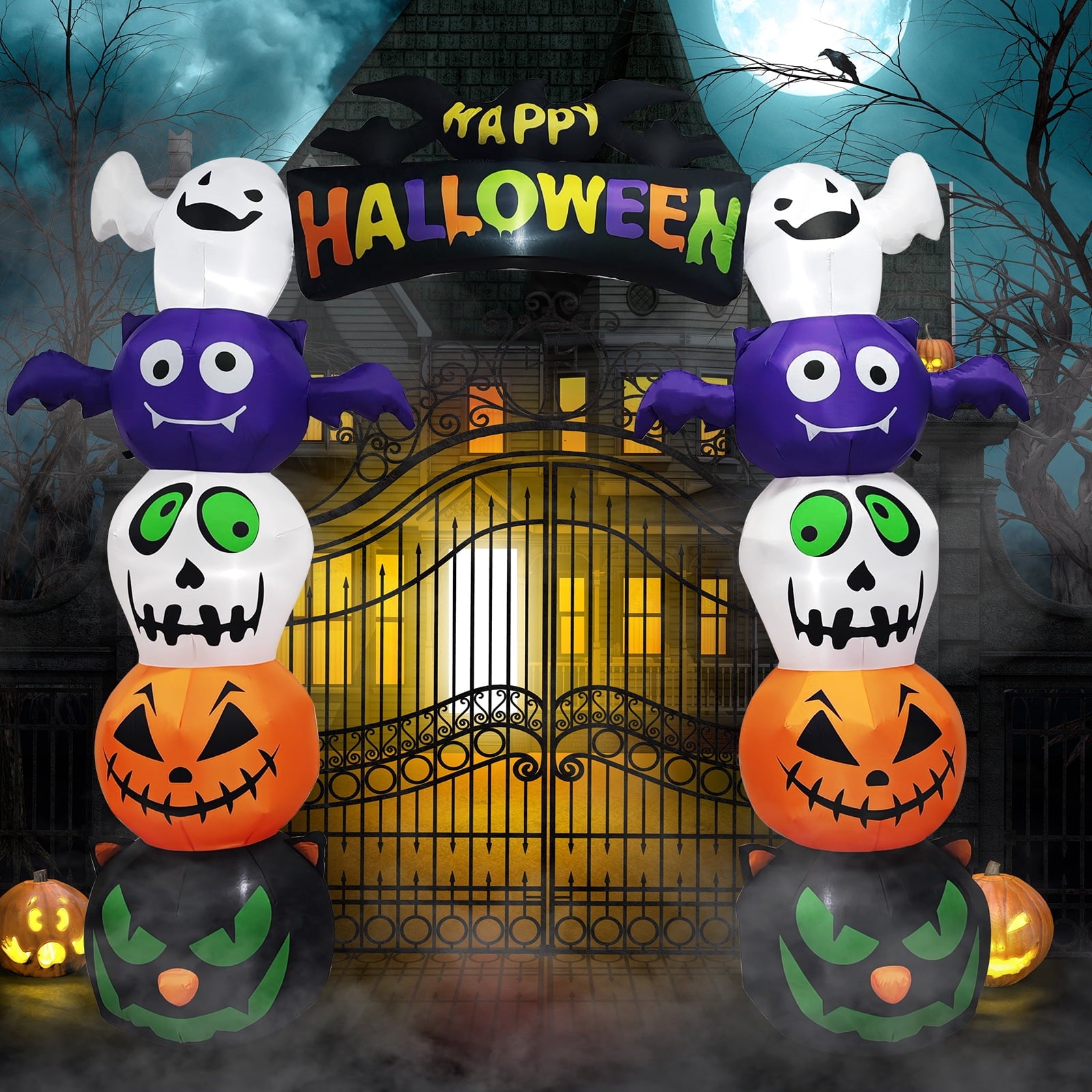 8.2' Halloween Inflatables Pumpkin Ghost Archway, Blow up Hallowee Decorations with Built-in LED Lights for Holiday