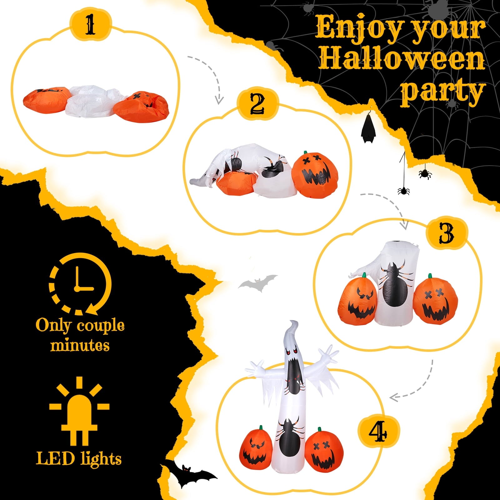 12' Halloween Inflatables Outdoor Halloween Decoration Giant Ghost with 2pcs Pumpkin Blow up Decor