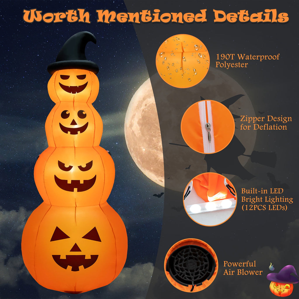 Gymax 8 ft Inflatable Halloween Pumpkins Stack Holiday Decor w/ Built-in LED Lights