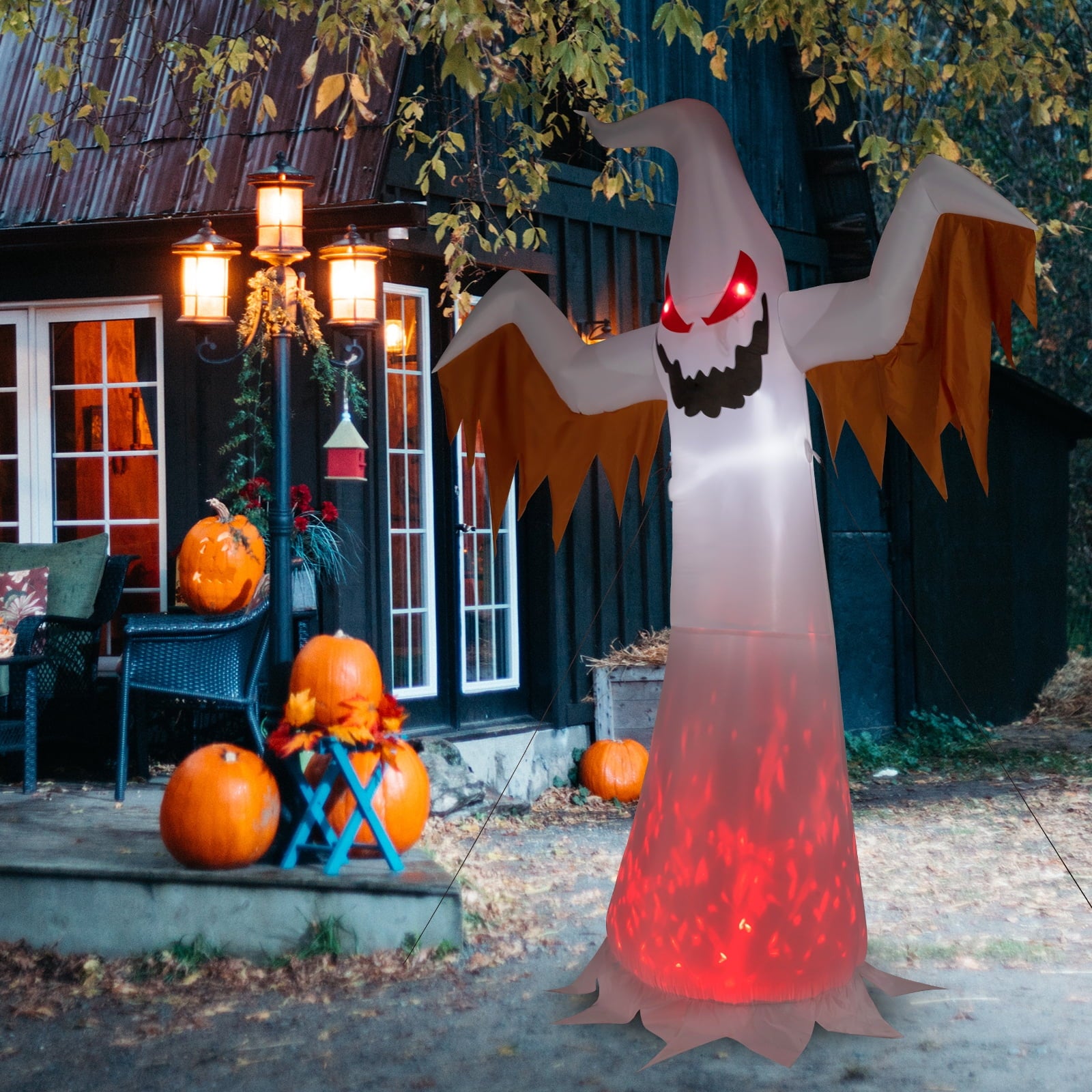 12FT Halloween Inflatables Ghost Outdoor Halloween Decoration w/ Scary Flames,4pcs LED Lights