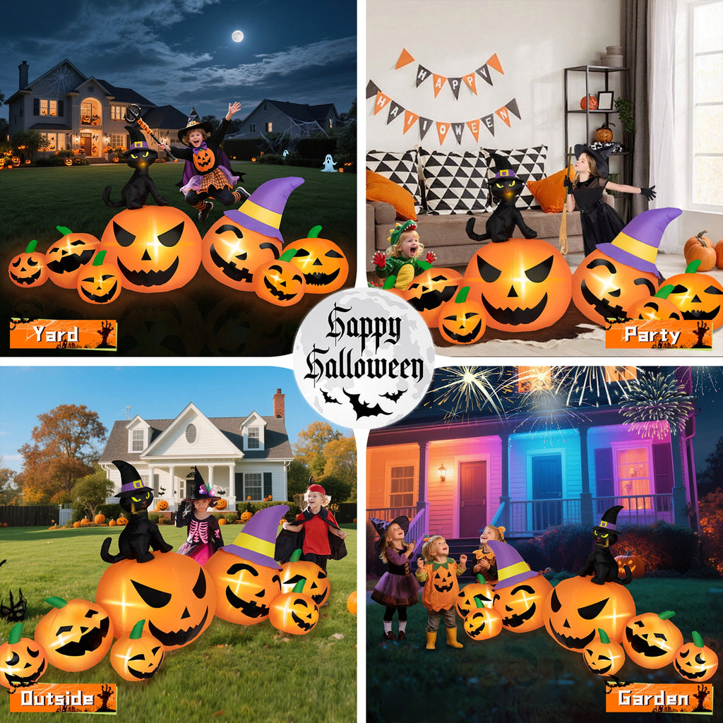 B&D 8FT Long Halloween Inflatables Pumpkin, Blow Up Pumpkins Inflatables with Witch Hat & Black Cat Built-in LED Lights for Halloween Party Yard Garden Lawn Decor