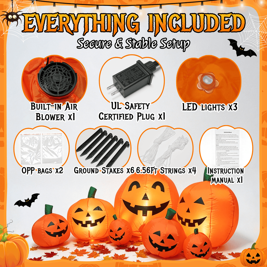 7.5 FT Long Halloween Inflatables Pumpkin Family Lighted,7 Pumpkins Blow Up Yard Decoration, Built-in LEDs, Stakes & Tethers Included for Outdoor Lawn Garden Halloween Decor