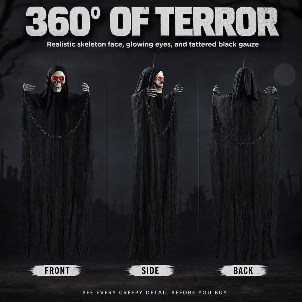 Halloween Grim Reaper 6ft Hanging Ghost Skeleton Decorations, Spooky Halloween Decor for Yard Haunted House Party Outdoor