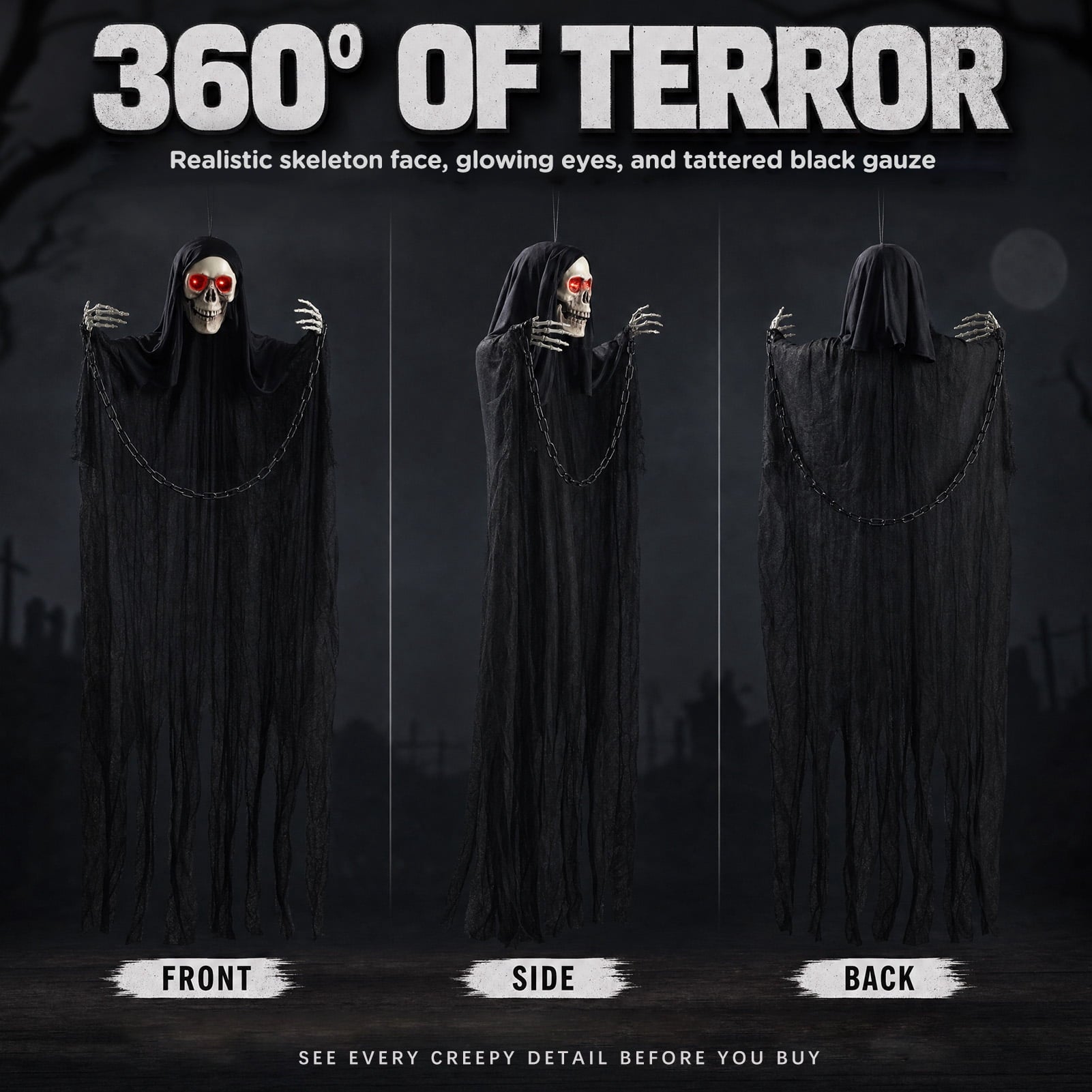 Halloween Grim Reaper 6ft Hanging Ghost Skeleton Decorations, Spooky Halloween Decor for Yard Haunted House Party Outdoor