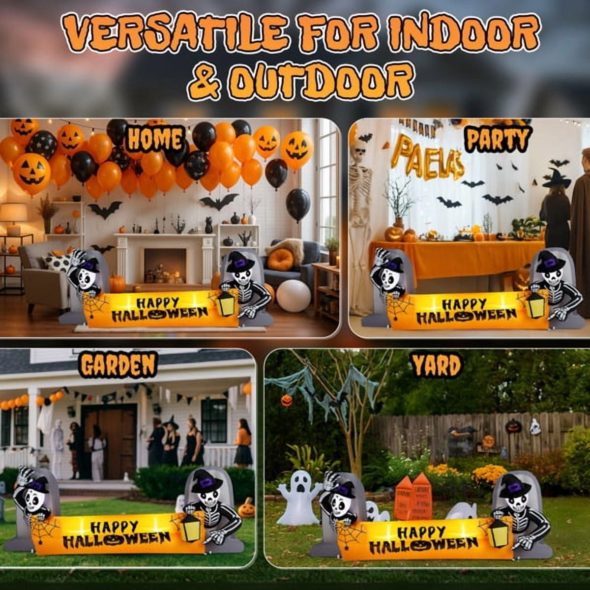 9.6FT Halloween Inflatable Skeleton Tombstone Banner, Built-in 4 White LED Lights, Quick Inflation for Yard/Patio/Party