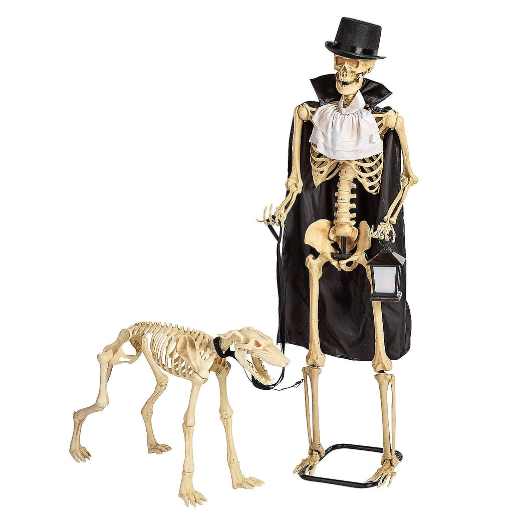 Fun Express Outdoor Animated Skeleton with Sound-Activated Light-Up Dog Halloween Decoration, 5ft & 3ft