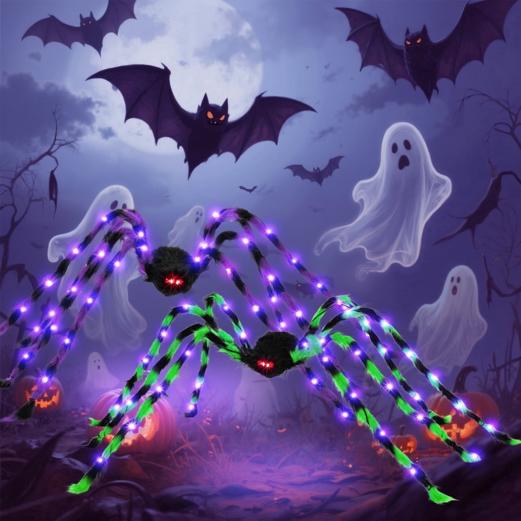 Halloween Decorations Outdoor, 5Ft Giant Spider Light Up Spider, 2 Pack Scary Large Halloween Spider Decor for Home Party Favor Yard Decor