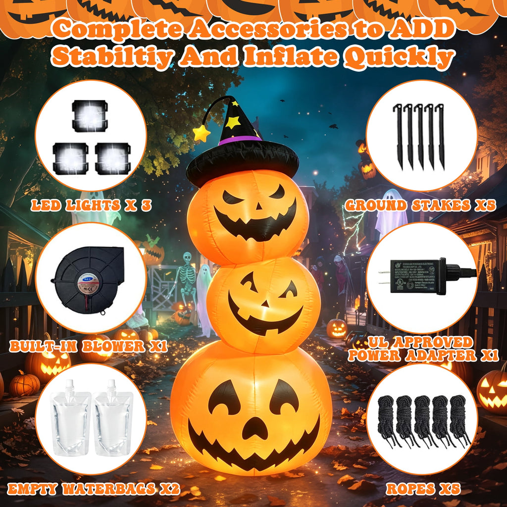 Faburo 6FT Halloween Inflatable Pumpkin Stack with LED Lights, 3 Jack O Lantern Blow Up Outdoor Halloween Decorations for Yard Lawn Garden Porch
