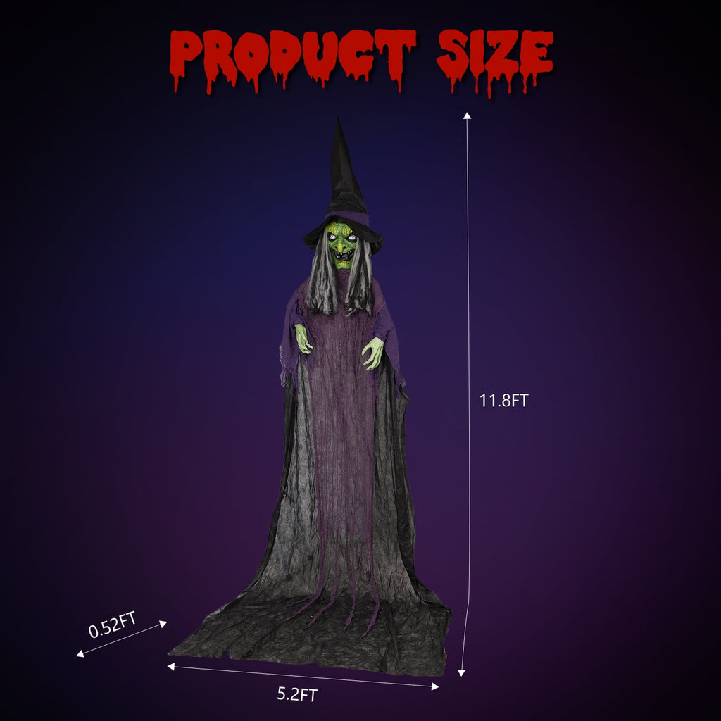 12FT Halloween Animatronic Witch Standing Outdoor Halloween Decoration w/ Green Eyes,Scary Sounds