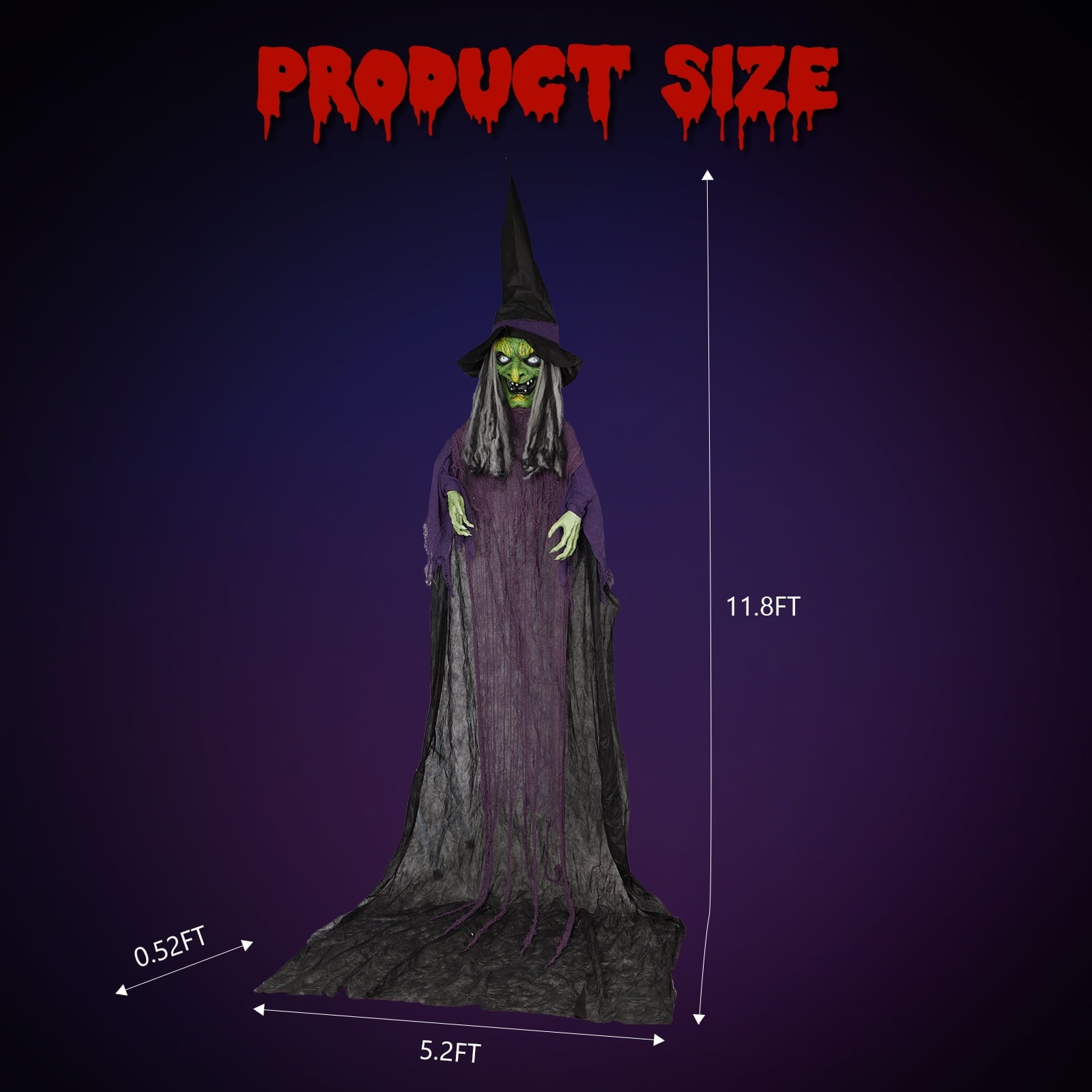 12FT Halloween Animatronic Witch Standing Outdoor Halloween Decoration w/ Green Eyes,Scary Sounds