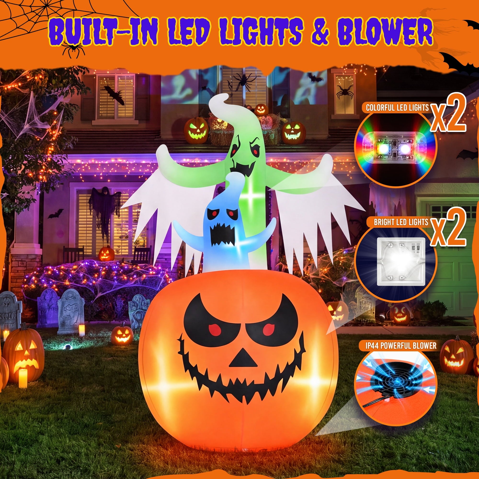 6ft Tall Halloween Inflatable,Ghosts Pumpkin with Colorful Flashing Lights,Blow ups Halloween Outdoor Decorations