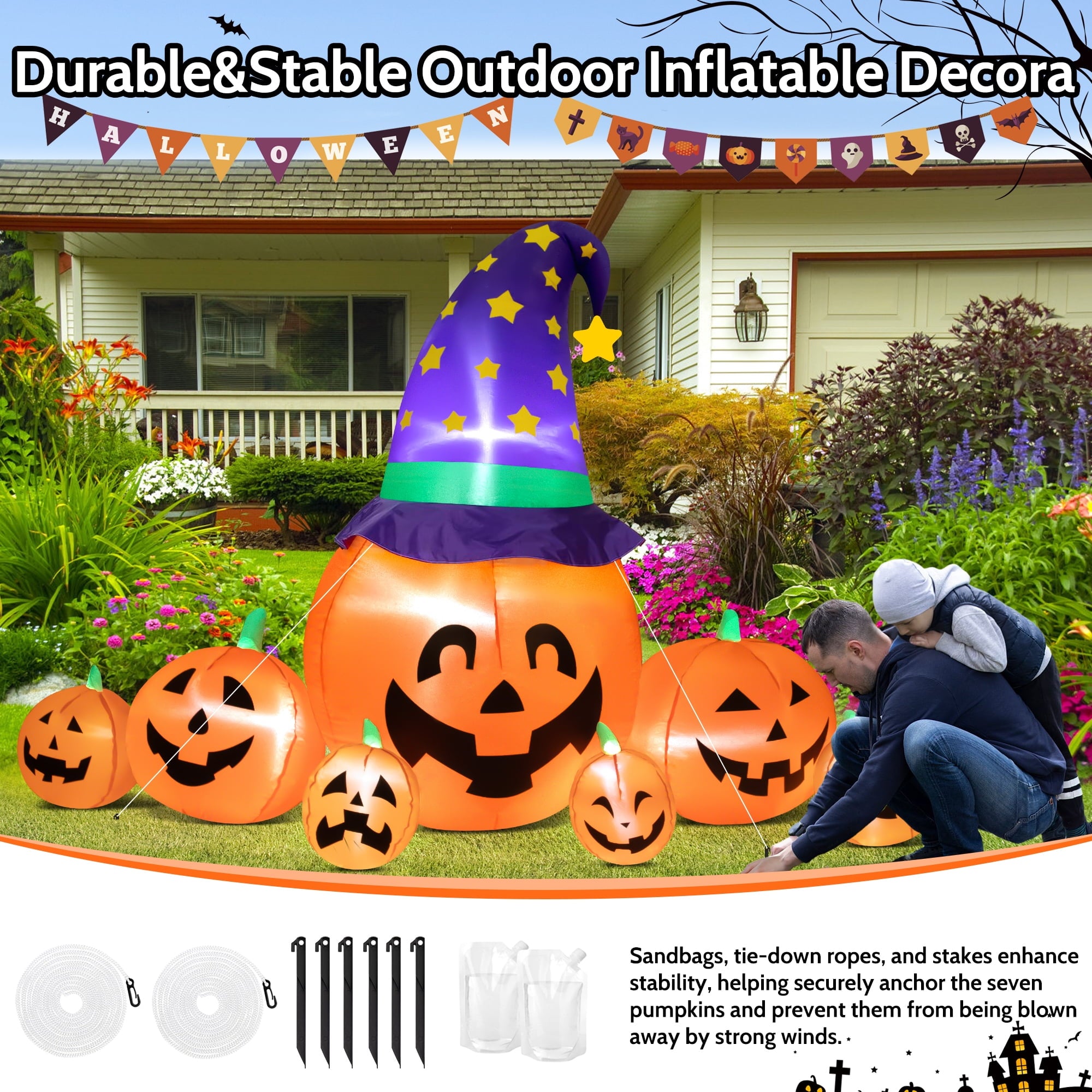 8.7ft Halloween Inflatables Pumpkins 7 Blow Up Decor with Witches Hat, Built-in LED Lights for Halloween Party, Yard, Garden, Lawn