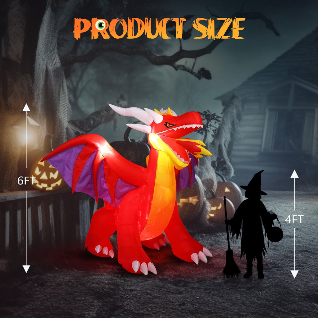 6FT Halloween Inflatables Fire Dragon Outdoor Halloween Decoration Built-in LED Lights