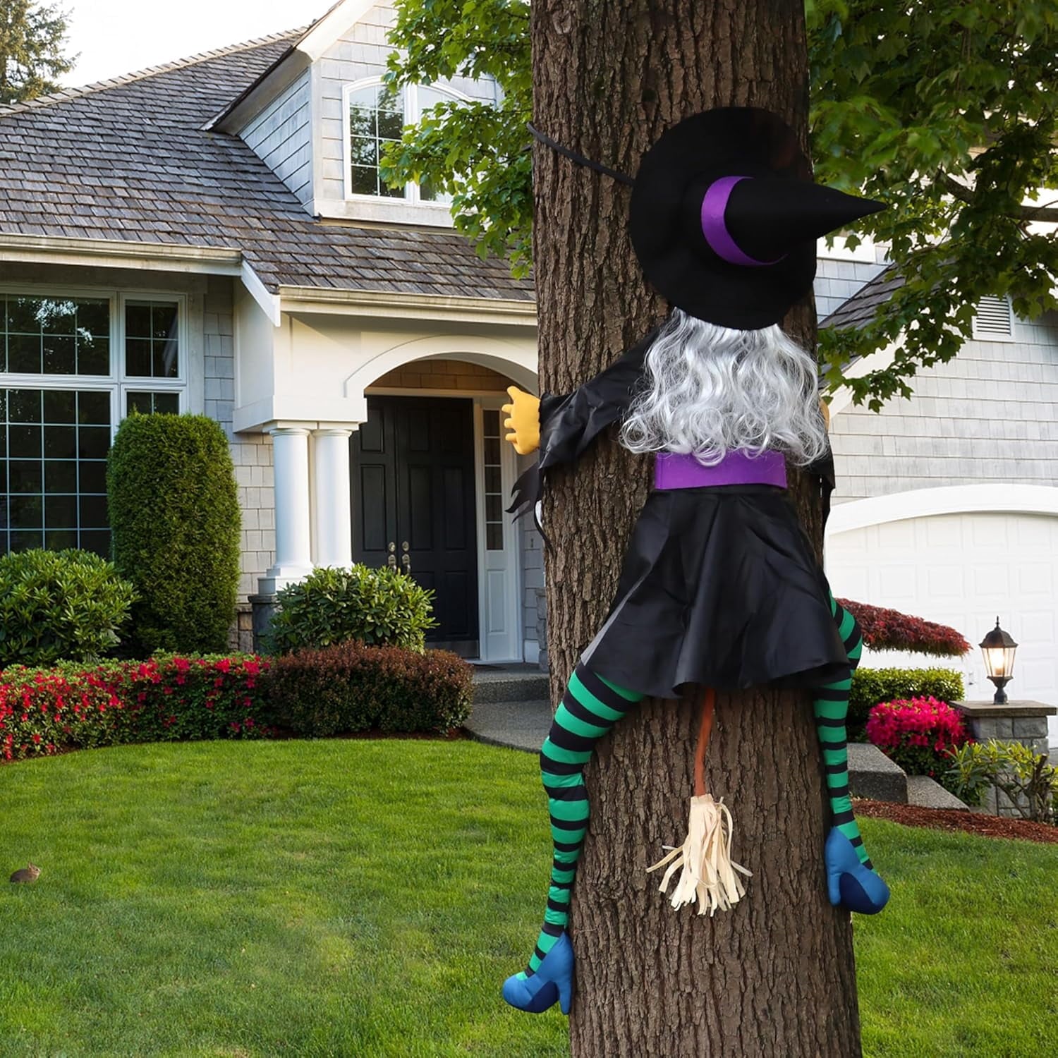 Crashing Witch into Tree Large Halloween Decorations Outside, 63" Flying Witch Crashing Halloween Decor, Hanging Witch Decor Outdoor Ornaments for Front Porch, Door, Yard, Tree, Fence