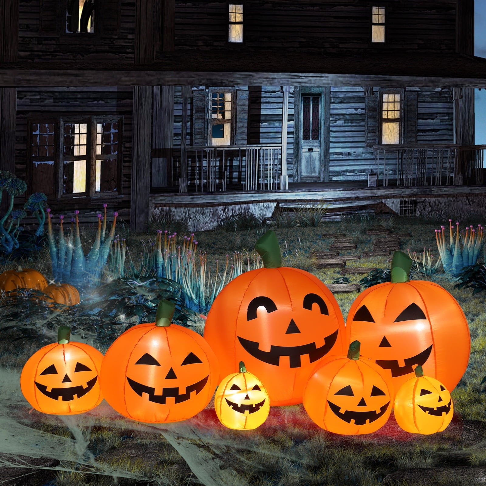 7.4' Halloween Inflatables Outdoor Halloween Decoration with LED Lights 7pcs Blow up Pumpkins