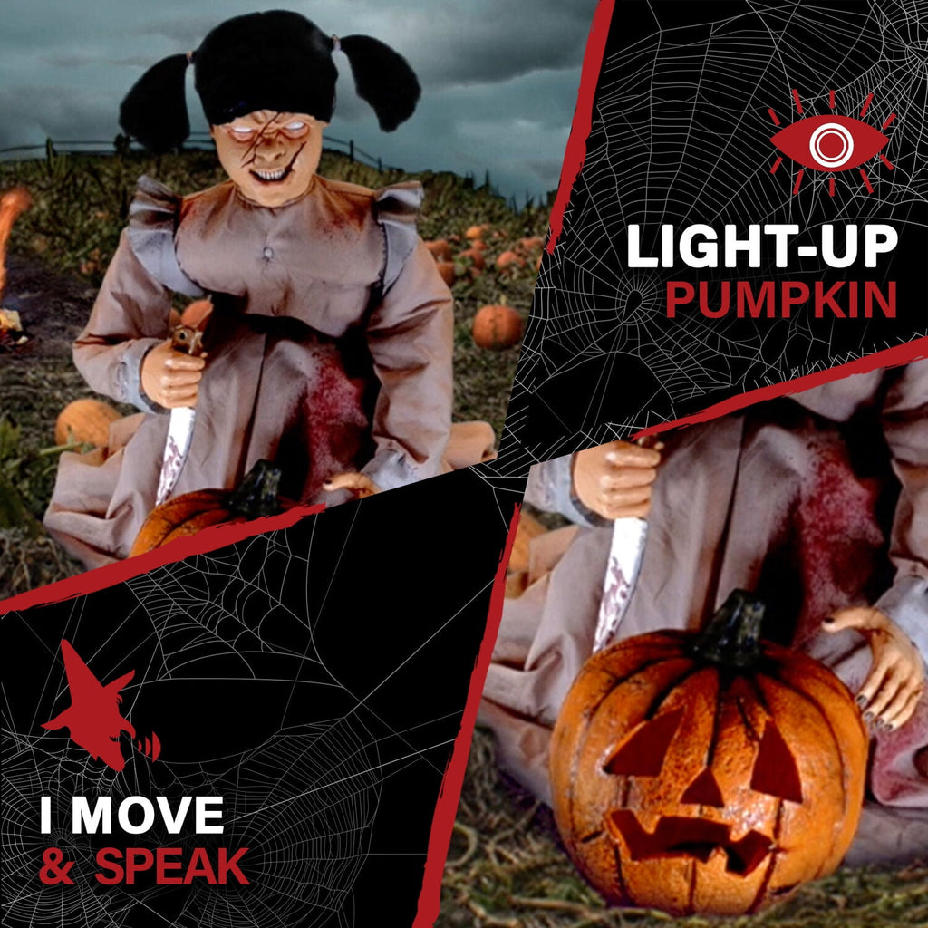 Lunging Pumpkin Carver Zombie Girl with Jack O'Lantern by Tekky, 3.2 ft Premium Talking Halloween Animatronic, HHPMPCVR-FLSA