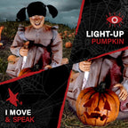 Lunging Pumpkin Carver Zombie Girl with Jack O'Lantern by Tekky, 3.2 ft Premium Talking Halloween Animatronic, HHPMPCVR-FLSA