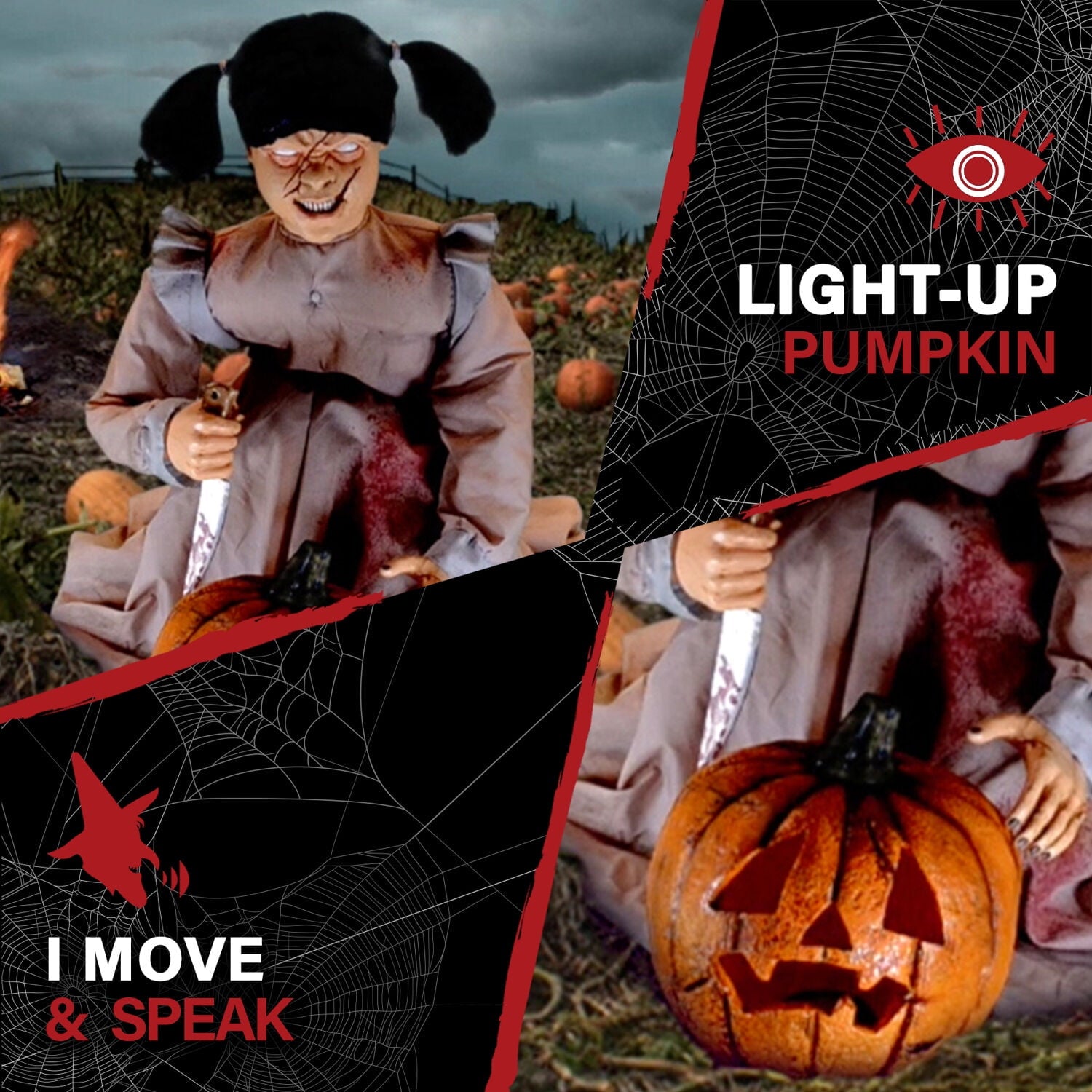 Lunging Pumpkin Carver Zombie Girl with Jack O'Lantern by Tekky, 3.2 ft Premium Talking Halloween Animatronic, HHPMPCVR-FLSA