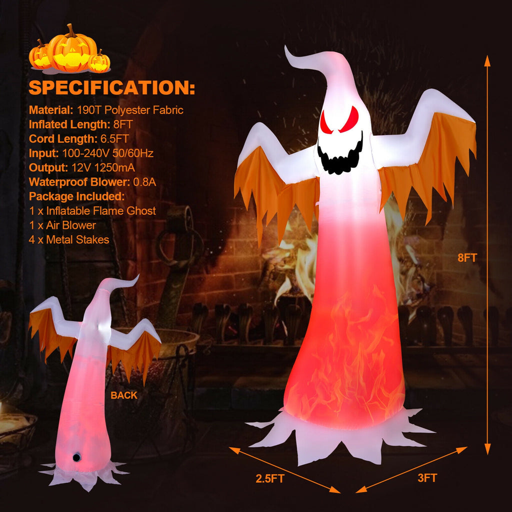 Gymax 8ft Inflatable Halloween Ghost Blow Up Decoration w/ Built-in Flame Light