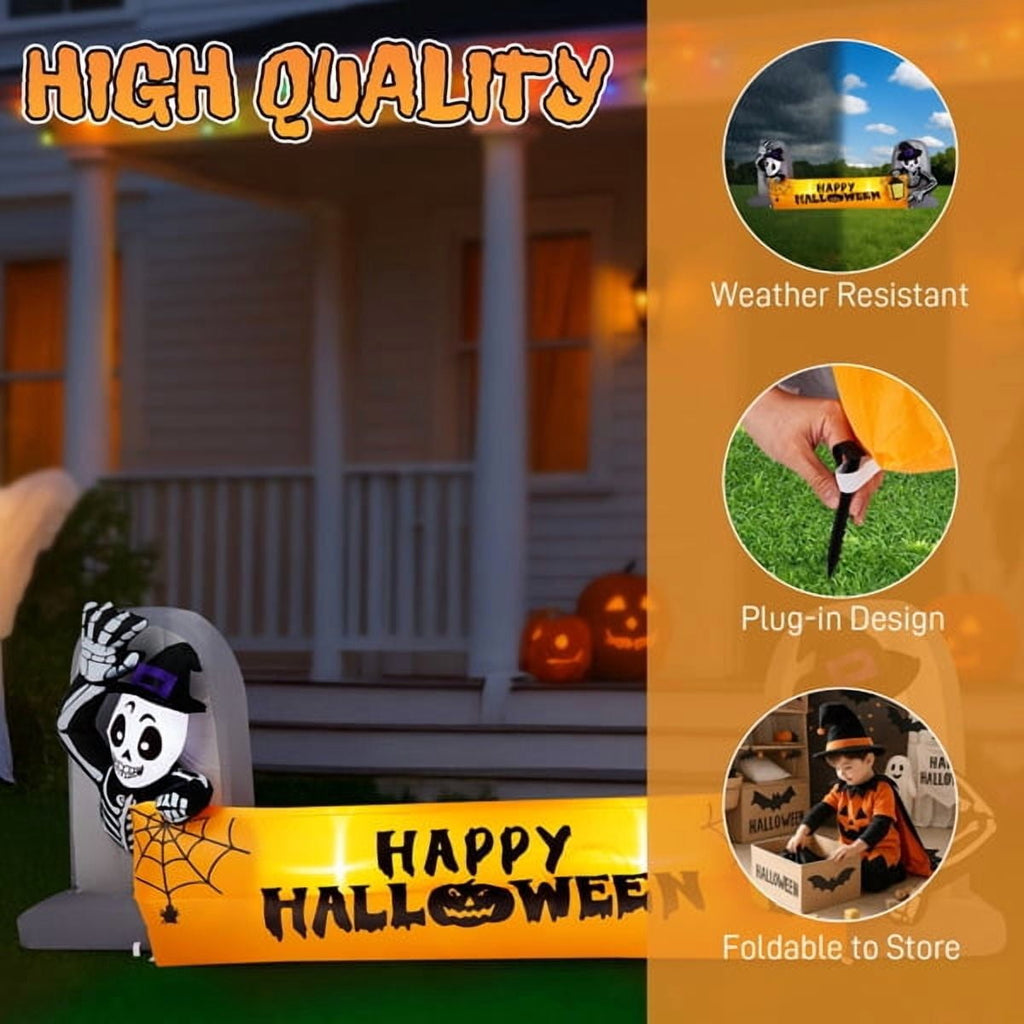 9.6FT Halloween Inflatable Skeleton Tombstone Banner, Built-in 4 White LED Lights, Quick Inflation for Yard/Patio/Party