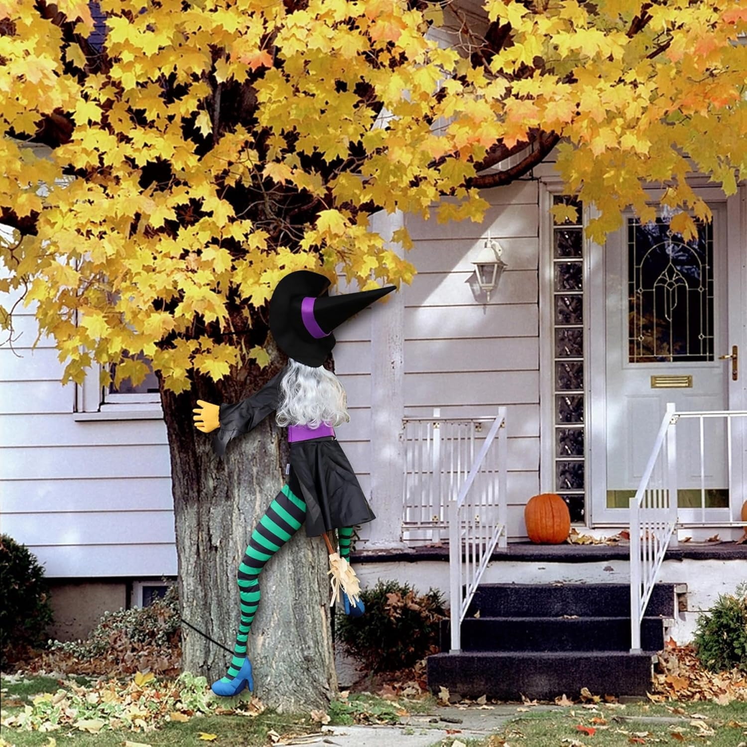 Crashing Witch into Tree Large Halloween Decorations Outside, 63" Flying Witch Crashing Halloween Decor, Hanging Witch Decor Outdoor Ornaments for Front Porch, Door, Yard, Tree, Fence